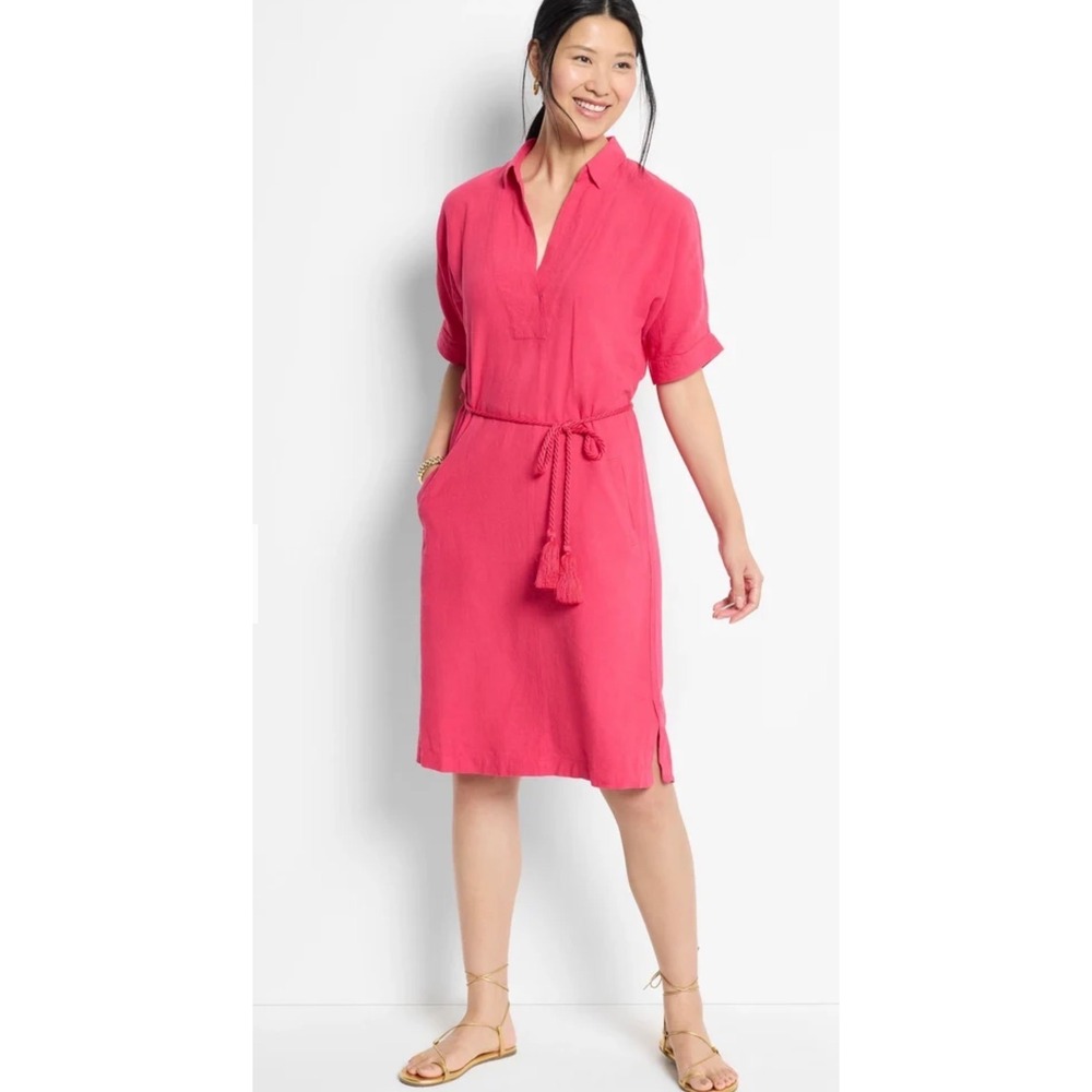 Nic + Zoe Rumba Tie Belt coral pink daiquiri Linen Blend Relaxed A-line Dress M